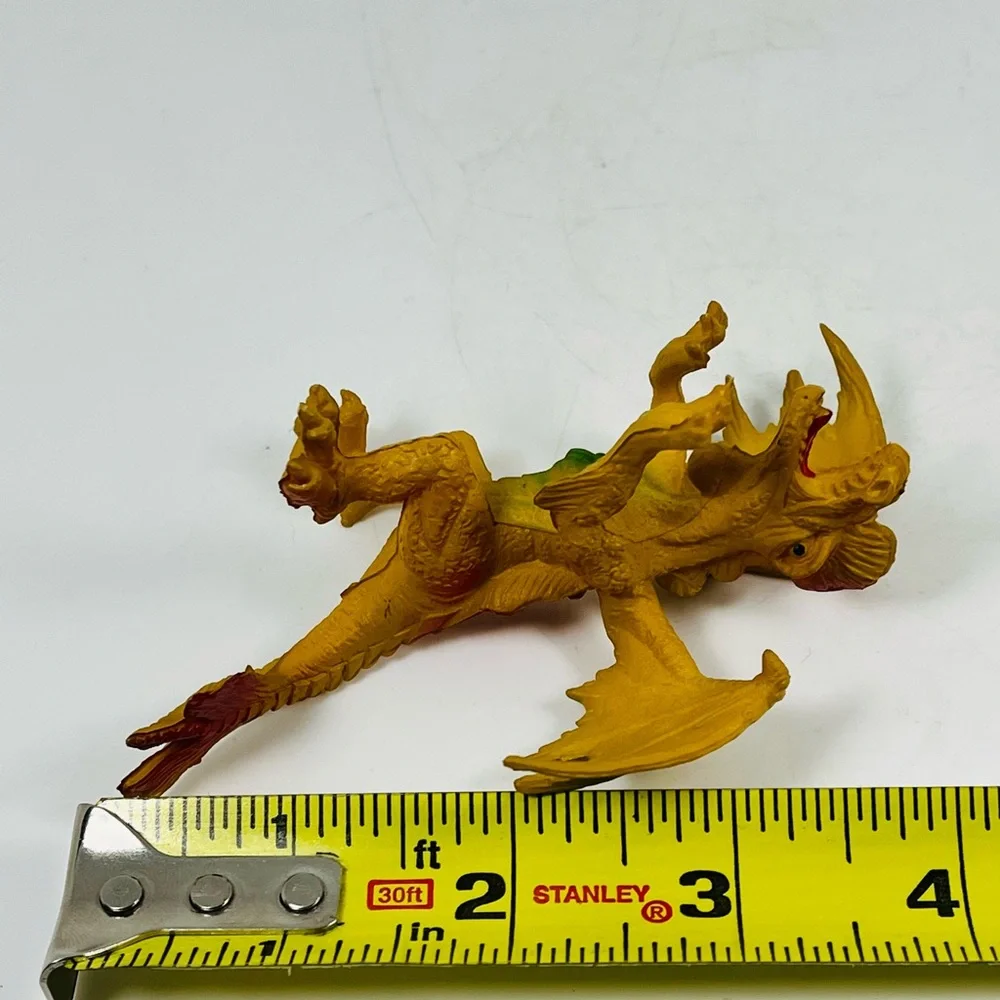 Vintage Plastic Dragon Figure Toy Yellow W/Green And Red 3.5
